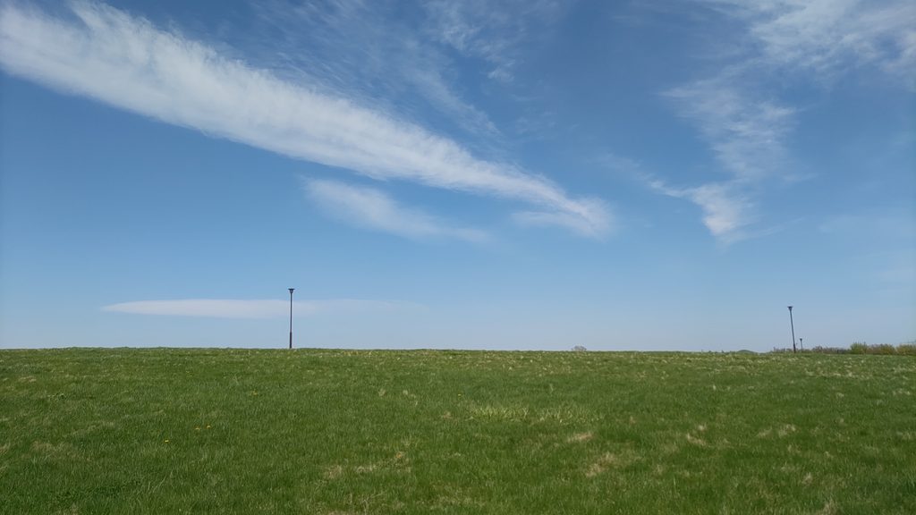 丘珠空港緑地の広い芝生と青空。芝生の奥に街灯が立ち、周囲に高い建物がほとんど見えない風景。