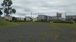 盆踊りの会場となる北22条雪ん子公園の広場。住宅地の中に開けたスペースがあります。